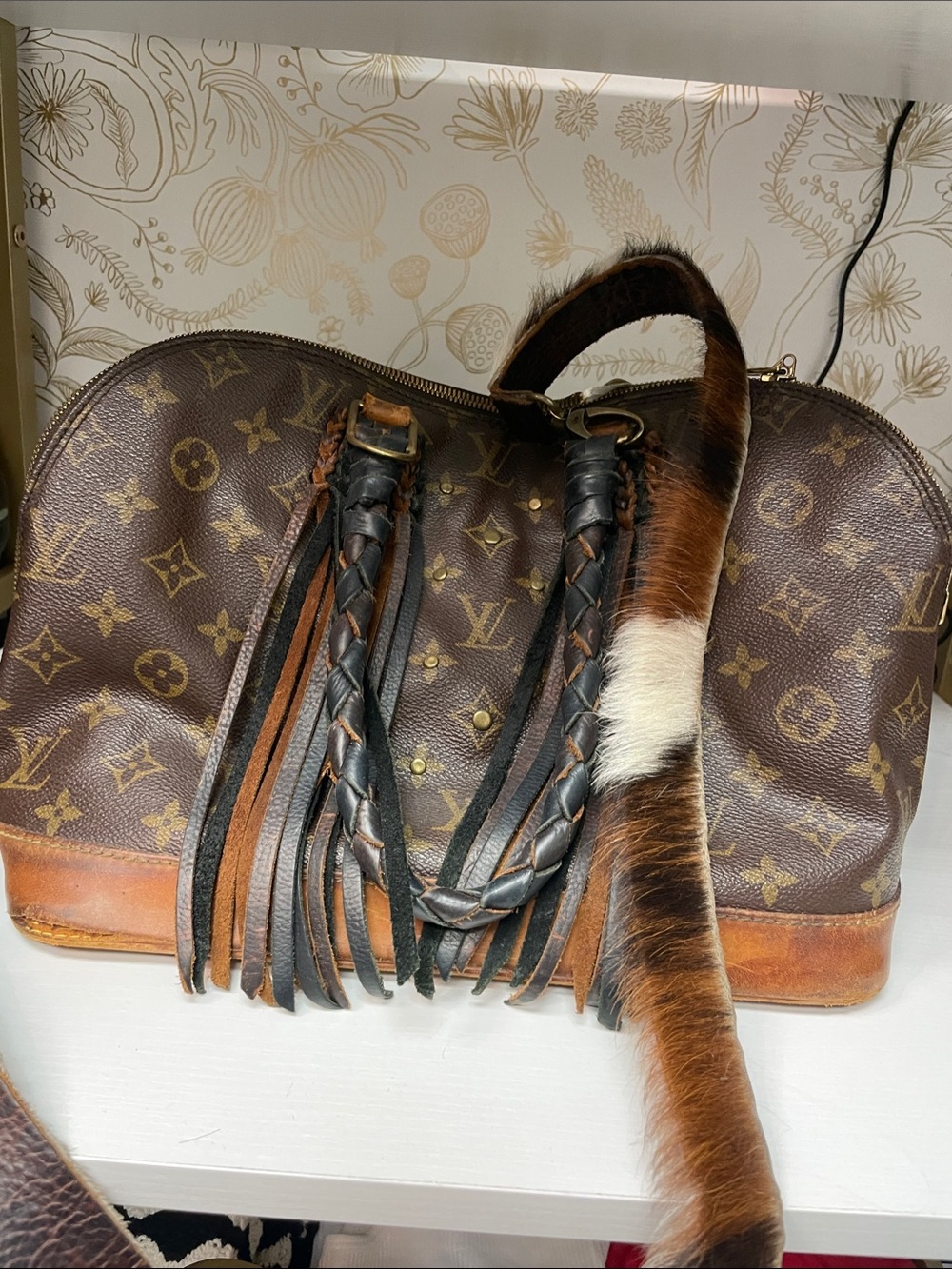 Louis Vuitton Brown Monogram Fringe Satchel with Horse Hair Crossbody Stap